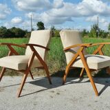 Pair of Scandinavian vintage armchairs in blond wood
