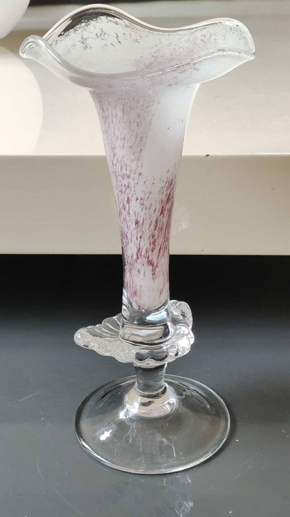 Peter Kaspar Soliflore Vase/Floral design, collared neck. Blown art glass, speckled purple. Shell inclusion. Dim 26.5 x 13 cm