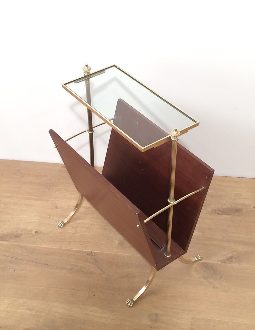 Neoclassical magazine rack in mahogany and brass