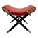 Neoclassical curule stool in red leather, decorated with crossed swords in bronze and metal covered in black leather.