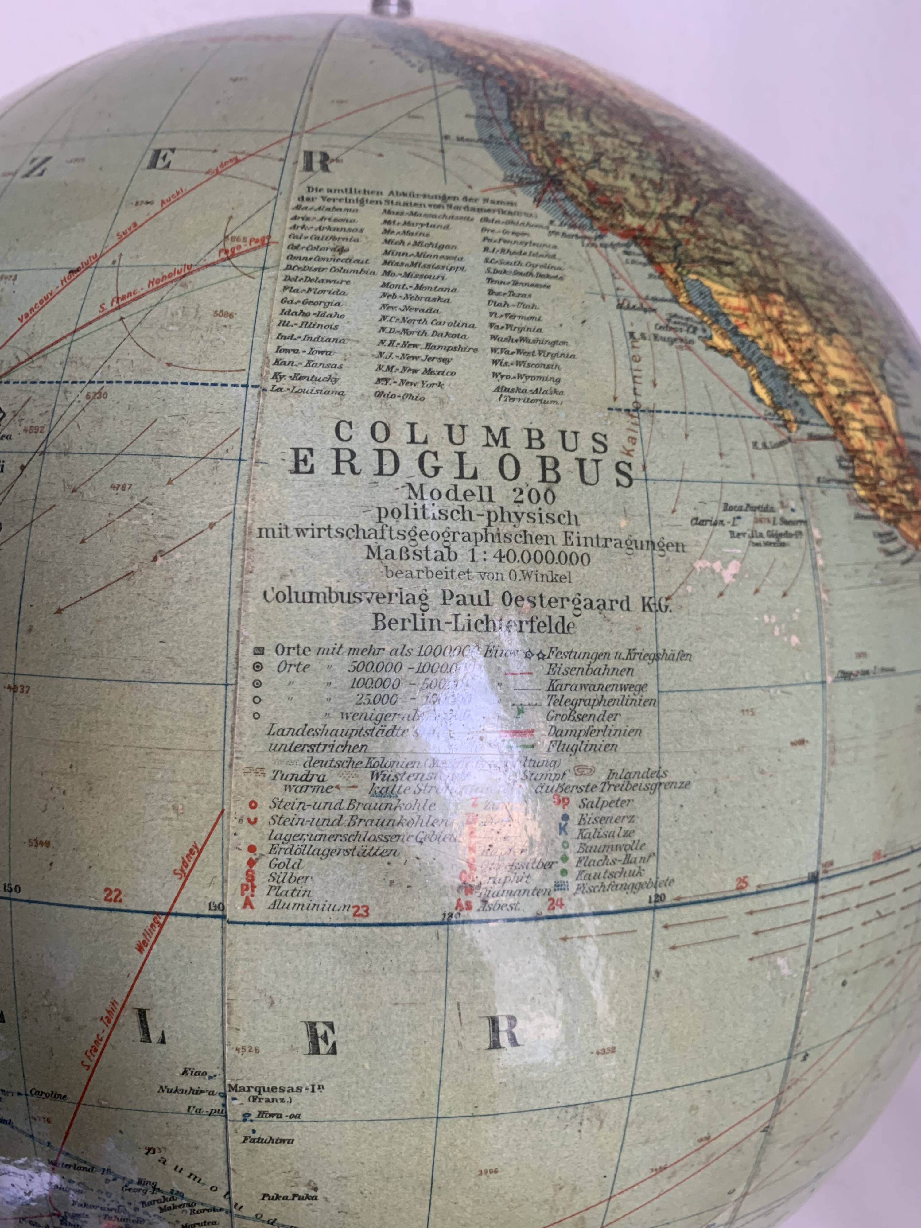 Vintage 1950 German Columbus World Map Globe - 53 cm