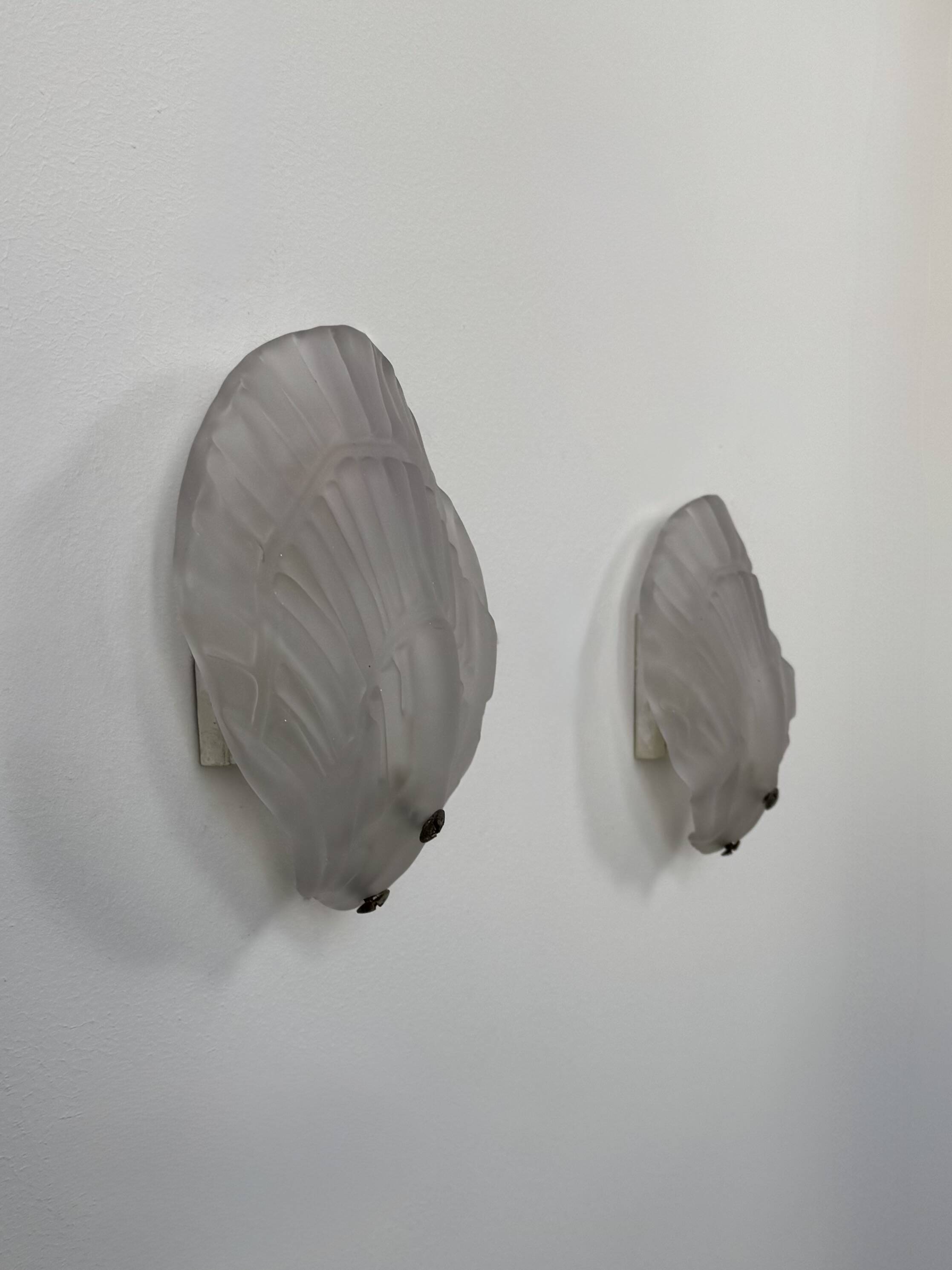 Pair of shell wall lights, frosted glass, France, 1970.