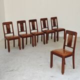 Set of 6 Art Deco chairs in Oak and Walnut with camel leather.