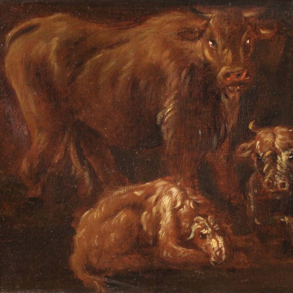 Italian painting from the 17th century, landscape with grazing animals