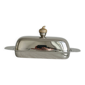 stainless steel butter dish with a golden knob