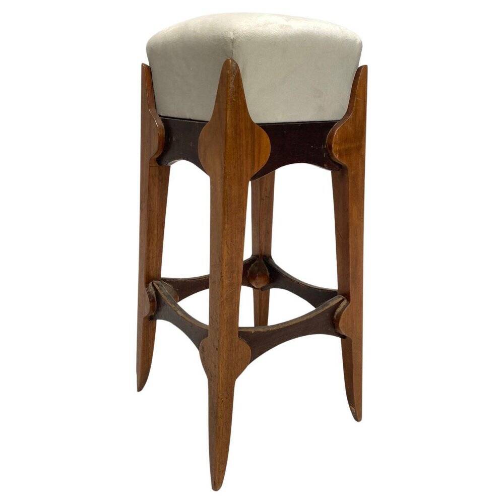Mid-Century Italian Wooden Stool with Velvet Seat, 1950s