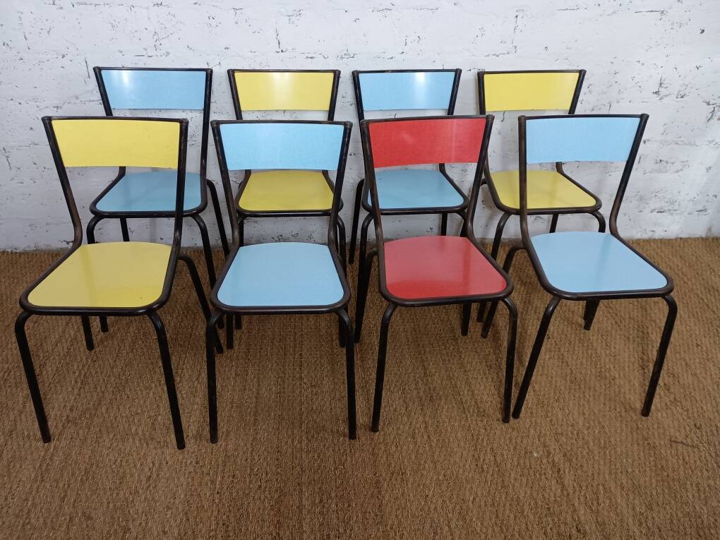 8 chaises de cantine formica rouge jaune bleu tubulure métal années 50-60