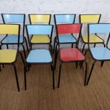 8 chaises de cantine formica rouge jaune bleu tubulure métal années 50-60