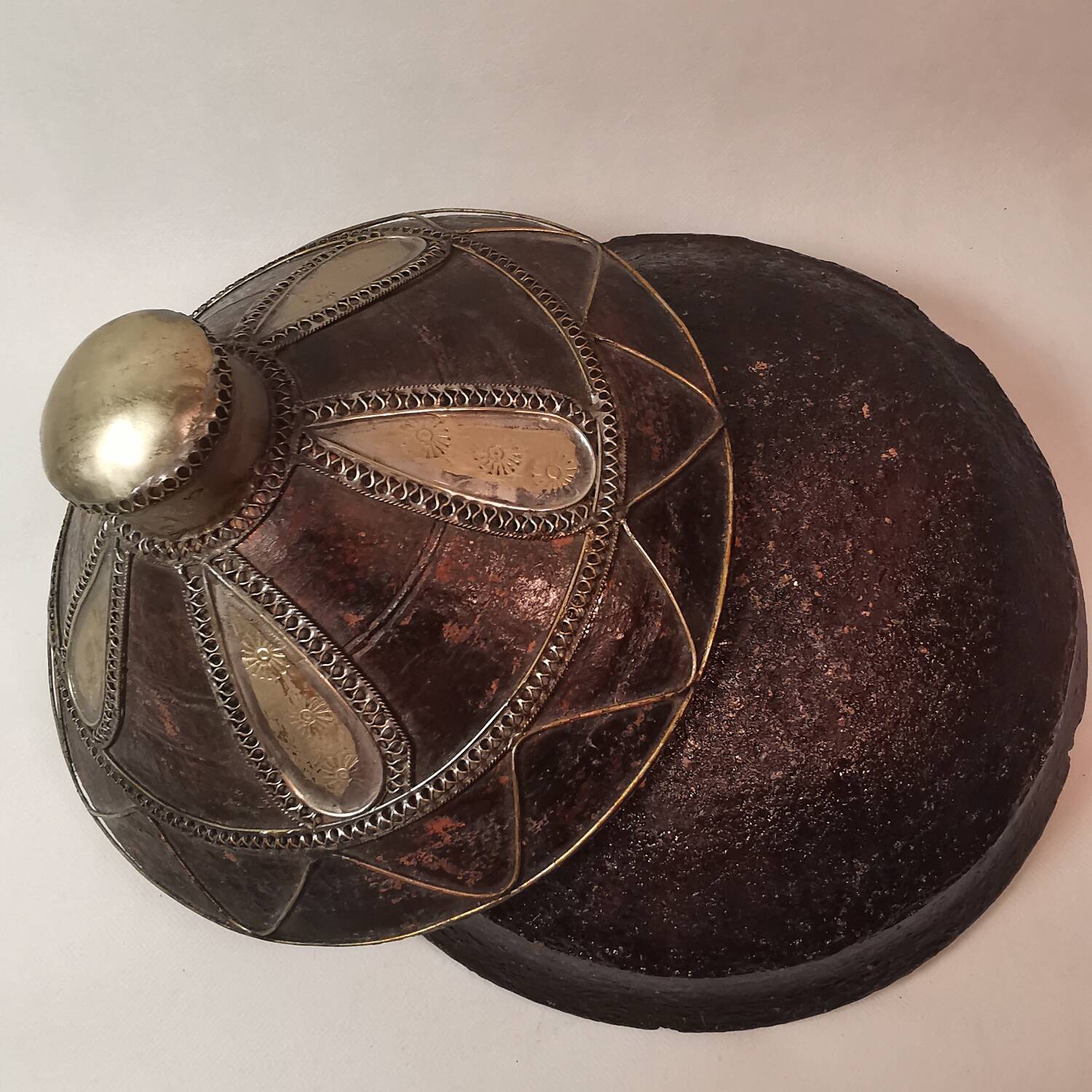 ancient tagine couscous dish hand made clay pottery silver inlays
