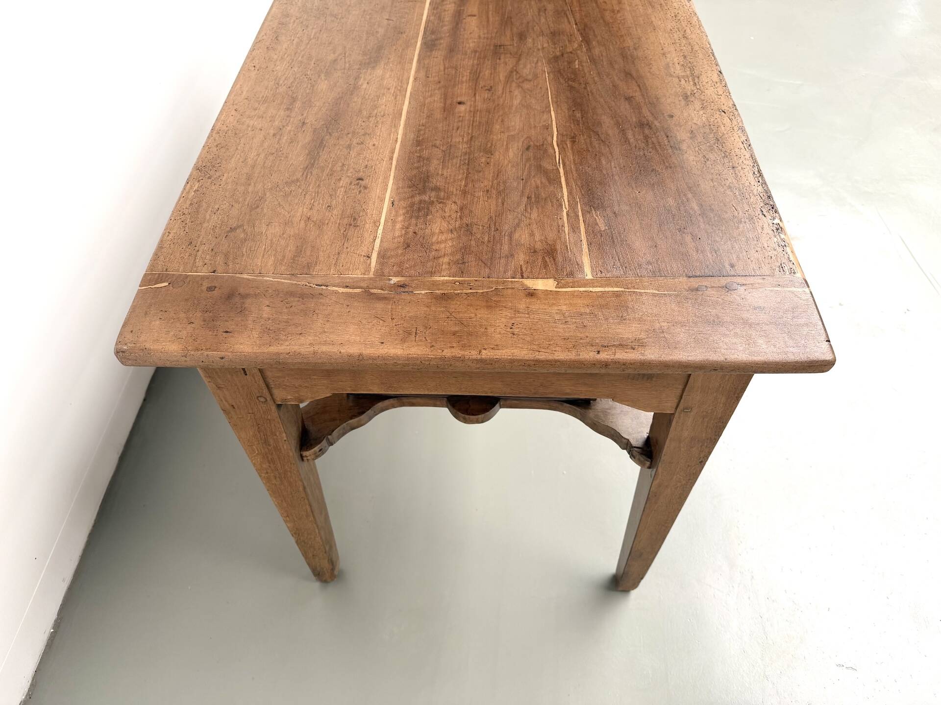 Farm table, old solid oak dough trough, France, around 1920.