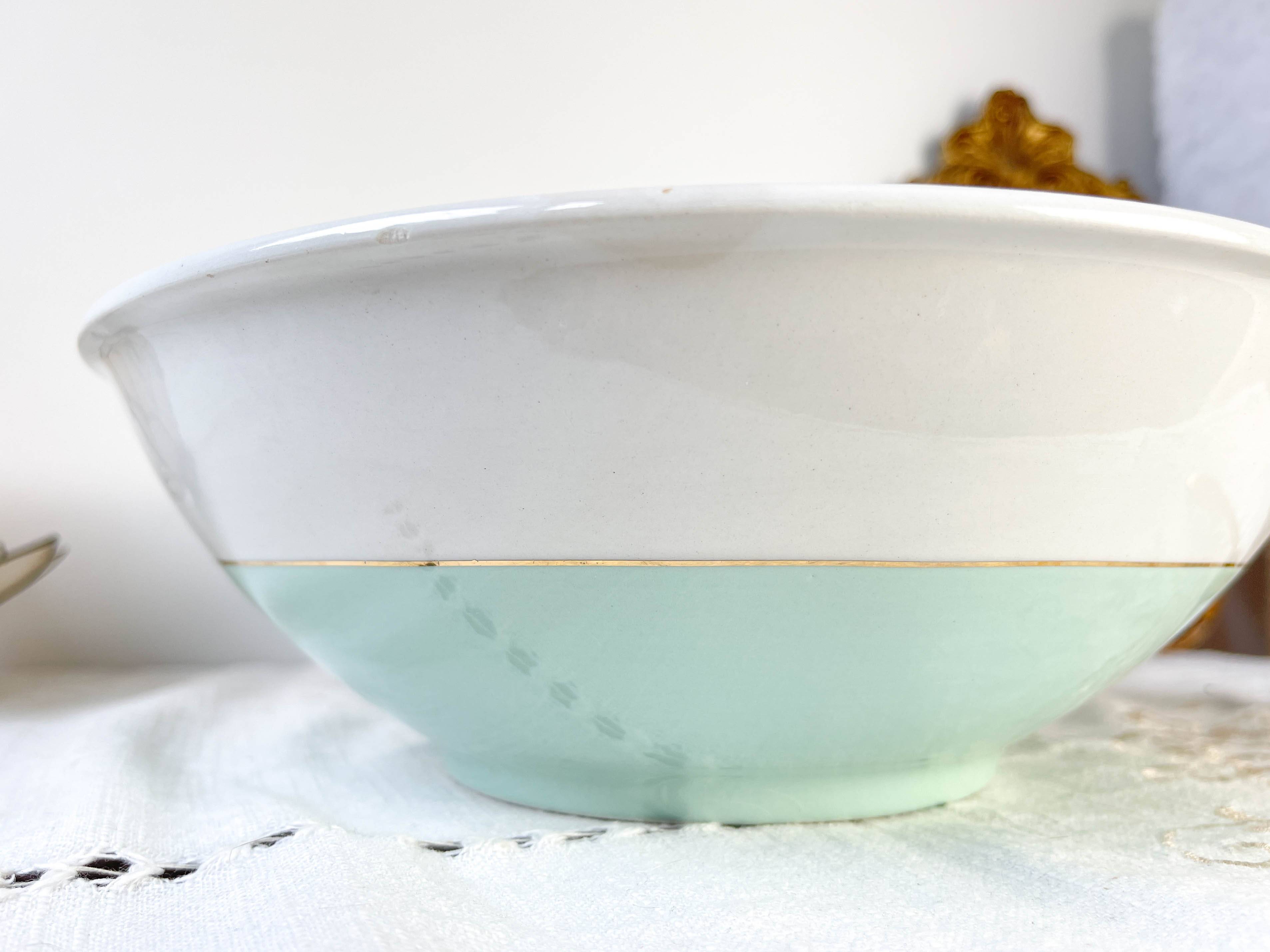 Vintage white and green porcelain salad bowl, Luneville, Epinay, France, 1950s