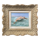 Painting HSCéramique "Nue sur la vague" signed M. Damon 1918 + frame