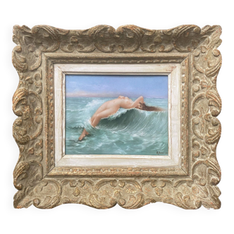 Painting HSCéramique "Nue sur la vague" signed M. Damon 1918 + frame