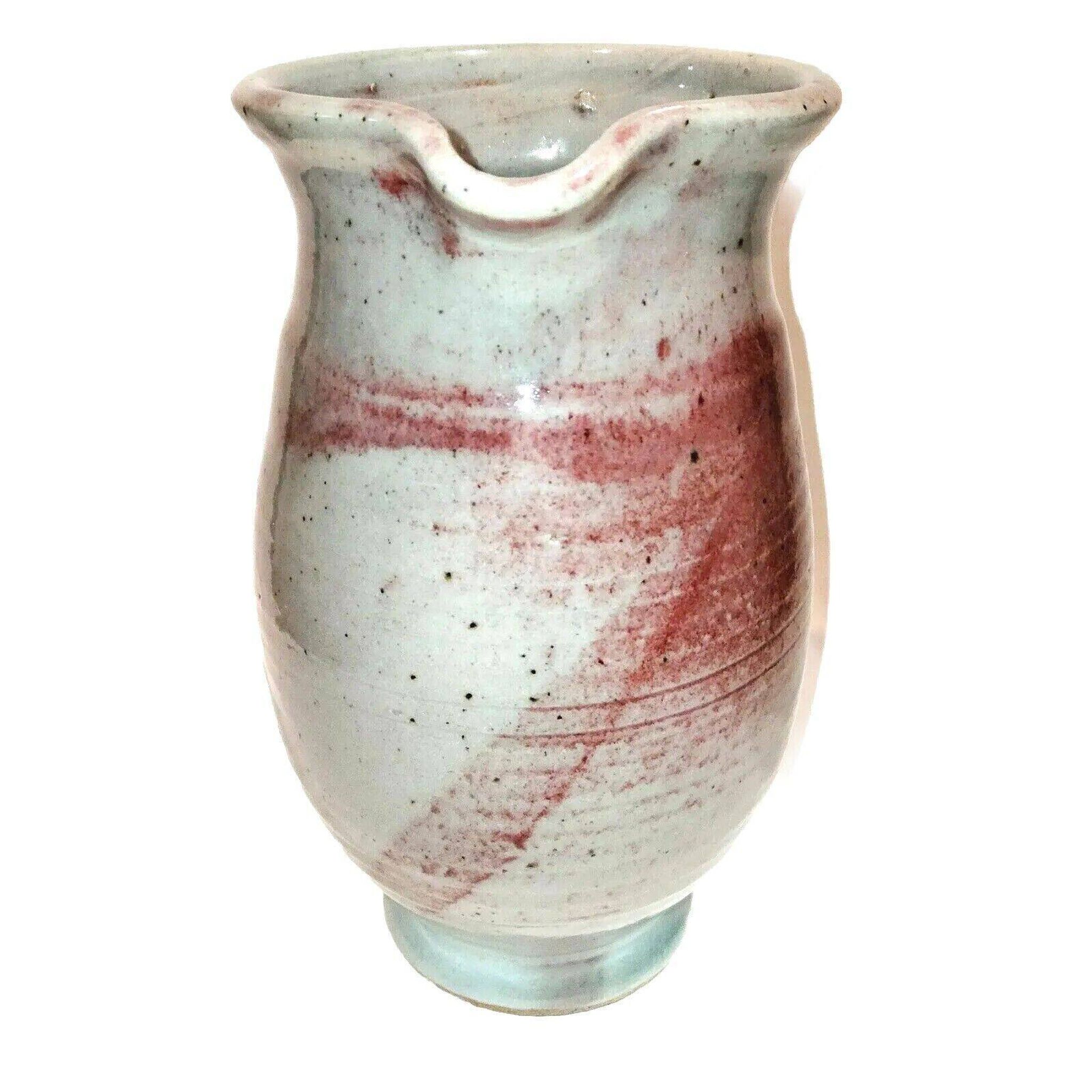 Red and grey glazed stoneware pitcher Signed Height 21 cm