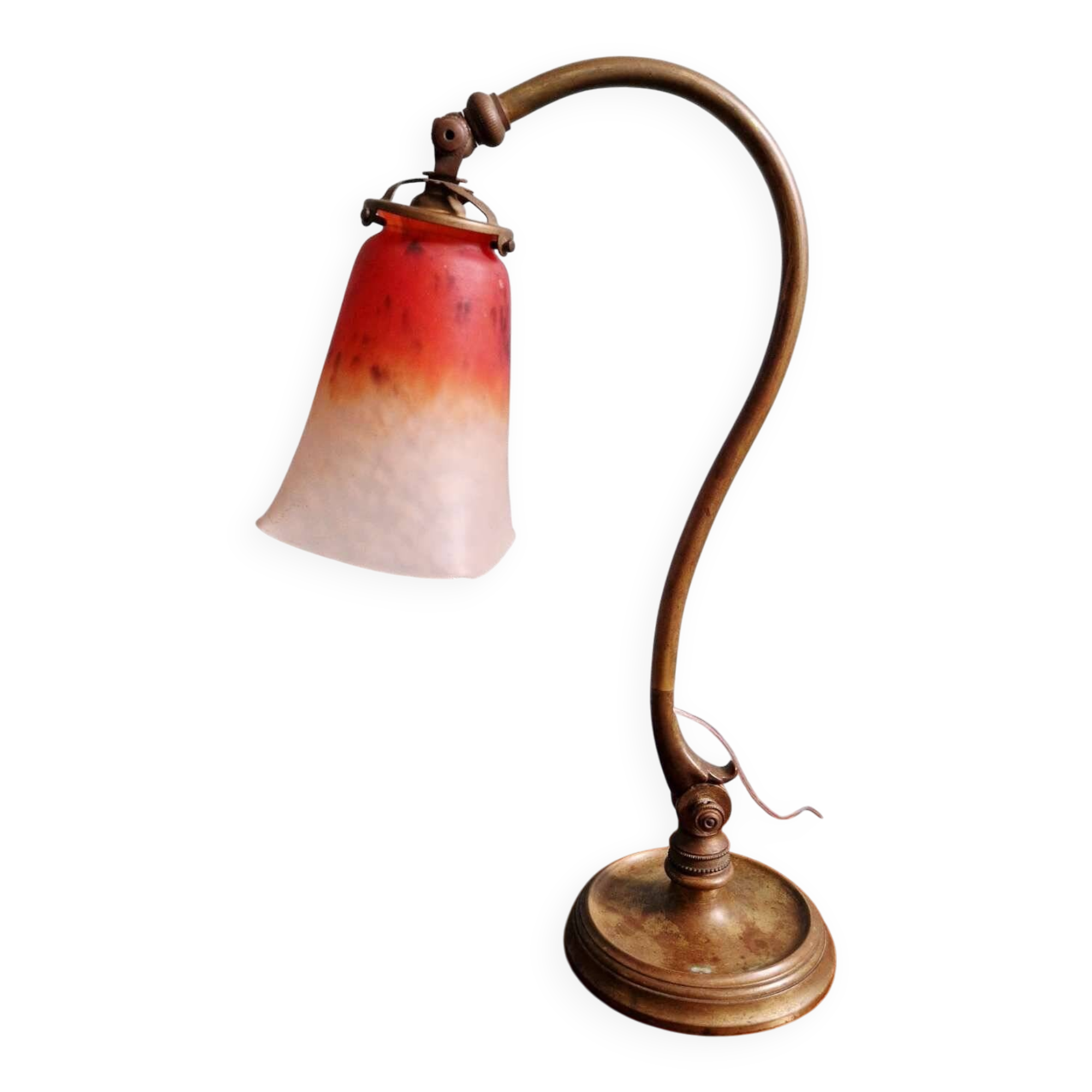 Lampe de bureau art déco en bronze et tulipe signée Schneider, années 1920