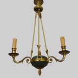 Chandelier, suspension in gilded bronze and green sheet metal with 3 arms, Empire style. Early 20th century