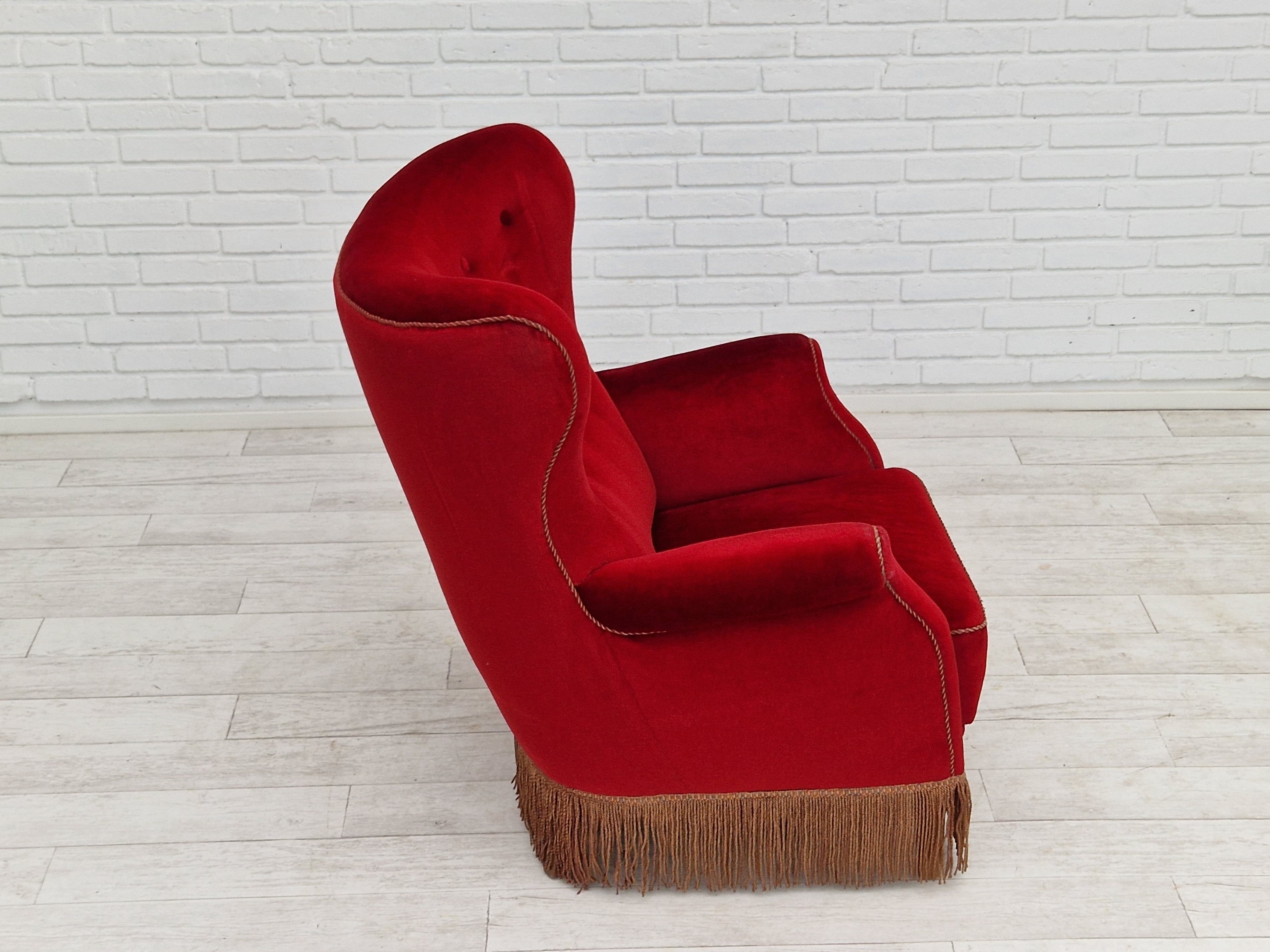 1960s, danish high back vintage armchair in cherry-red velour