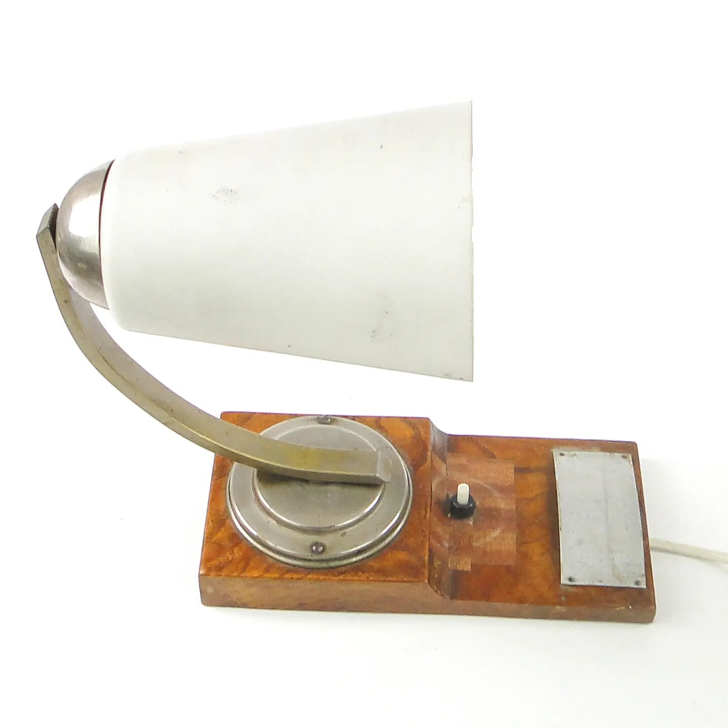 Art Deco wall lamp, nickel-plated brass, walnut wood, Czechoslovakia, 1950s