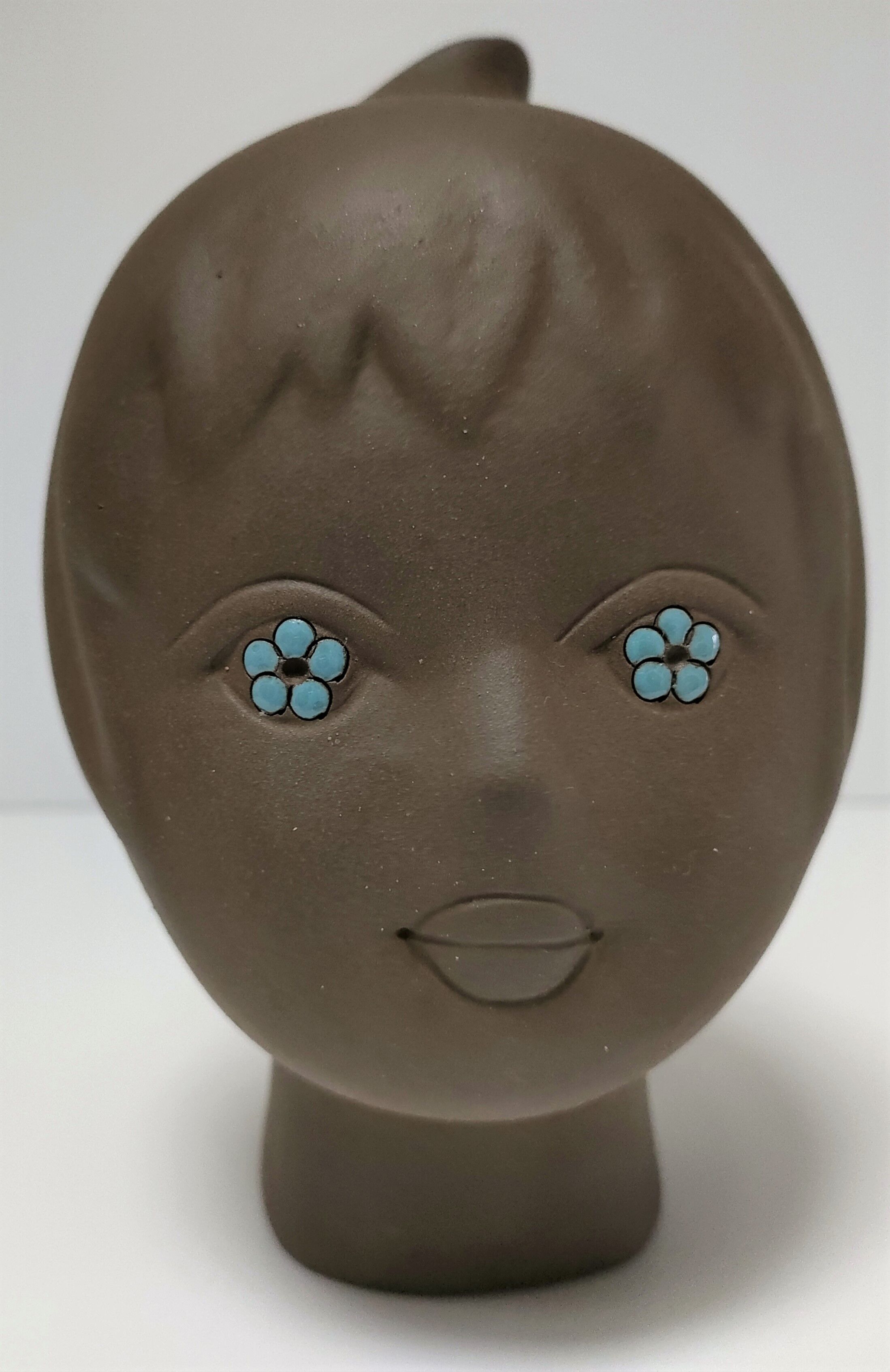 Sculptural ceramic head with blue enamelling Tekt design 60s