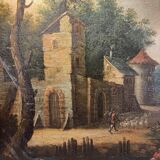 École italienne "Paysage lacustre, forêt animée de personnages" tableau hui