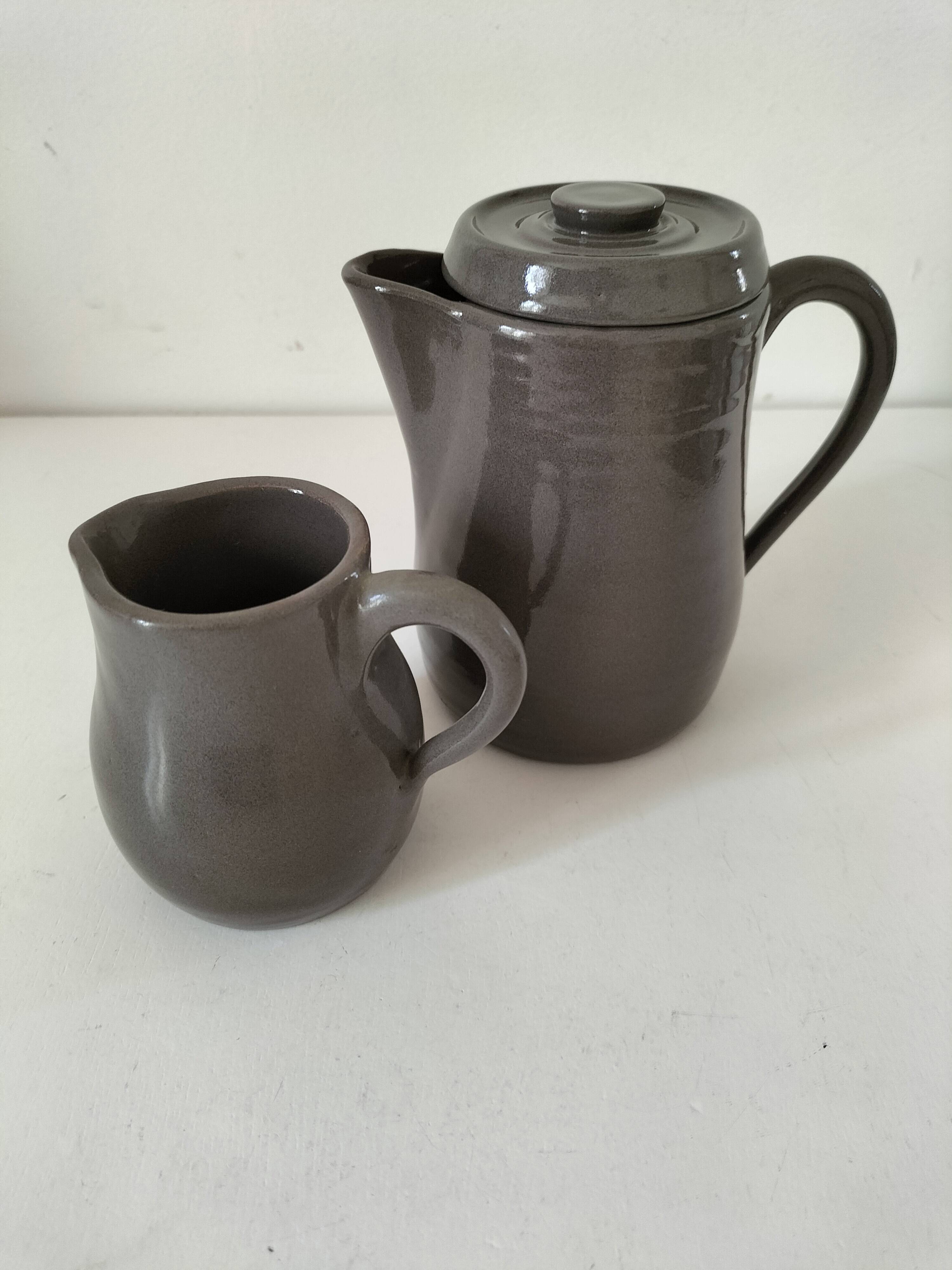 Duo verseuse et pot à lait en grès brun – céramique vintage