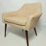 Modern fauteuil en bois orange polka dot bouclé tissus 1960 cocktail fauteuil de salon