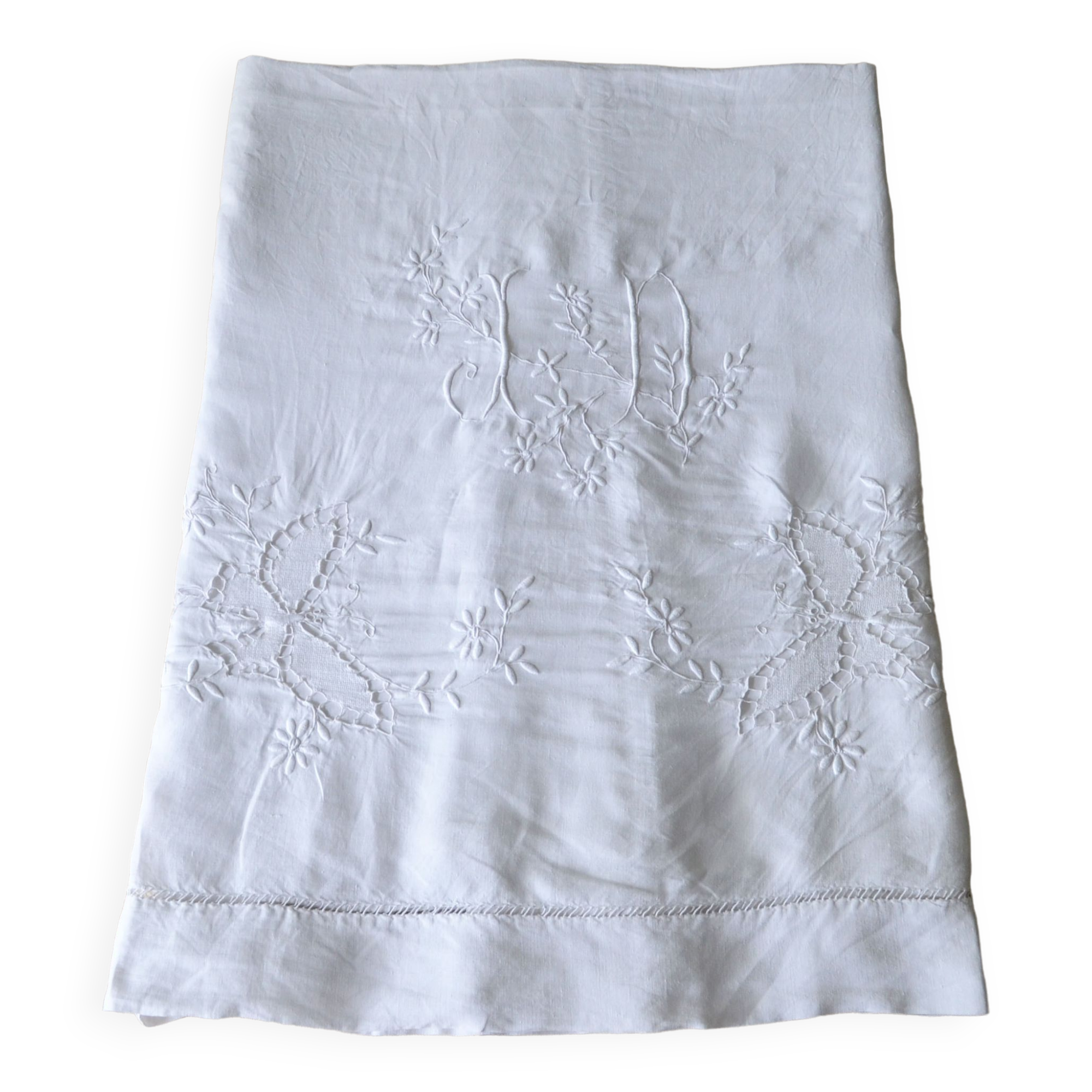Antique linen sheet embroidery and monogram