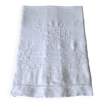 Drap ancien en lin broderie et monogramme