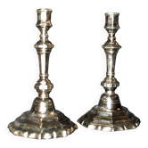 Pair of antique octagonal candlesticks in silvered bronze, Regency style.