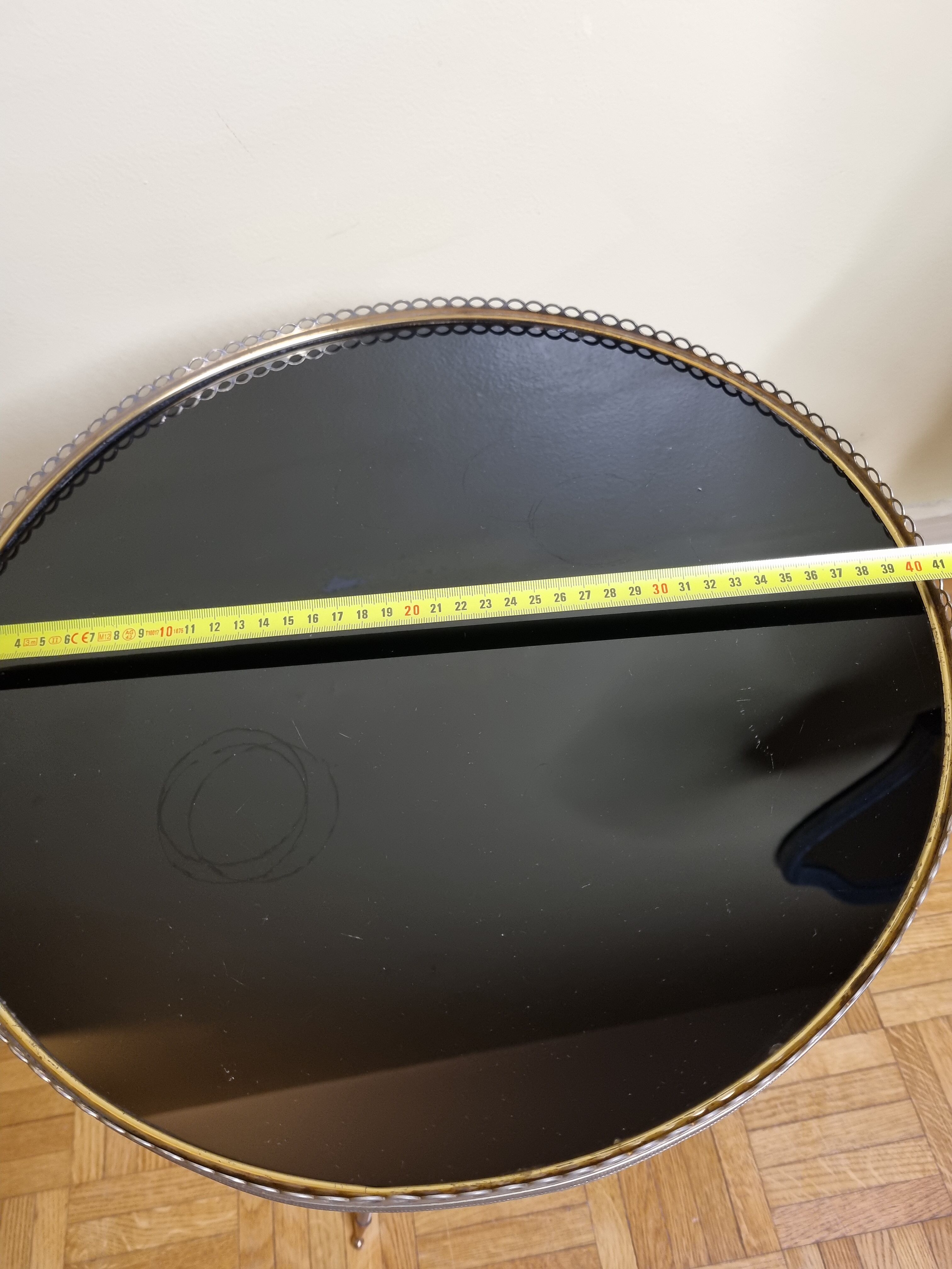 Vintage metal and glass tripod pedestal, brass base, 50s-60s