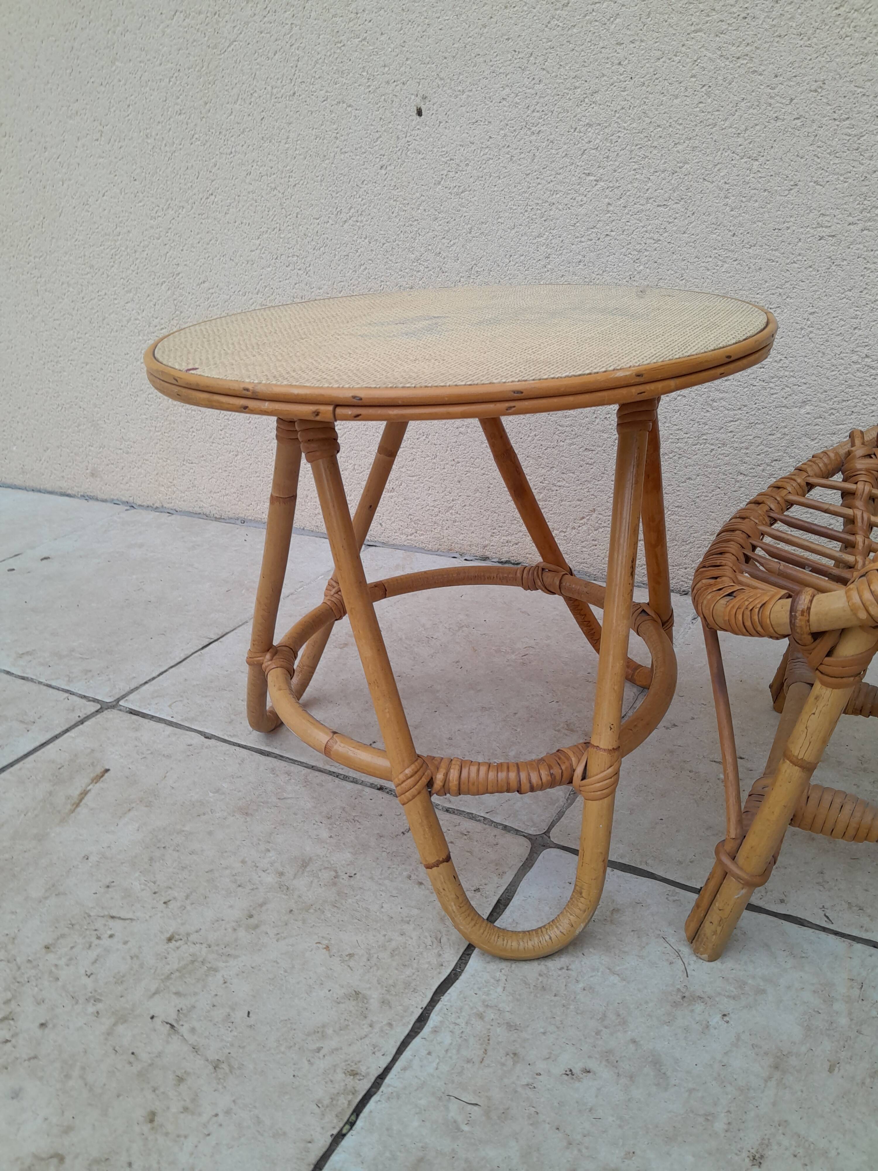 Vintage rattan children's table and armchair