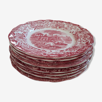 Set de 8 assiettes plates La Cartilla de Sevilla fond blanc; décor rouge.