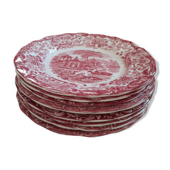 Set de 8 assiettes plates La Cartilla de Sevilla fond blanc; décor rouge.