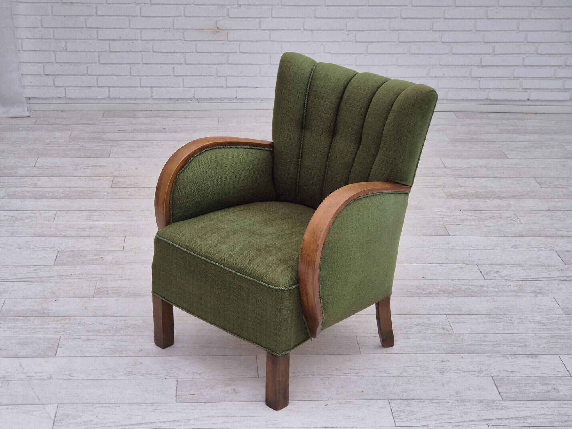 1950s, Danish artdeco armchair, green furniture wool, beech wood, original.