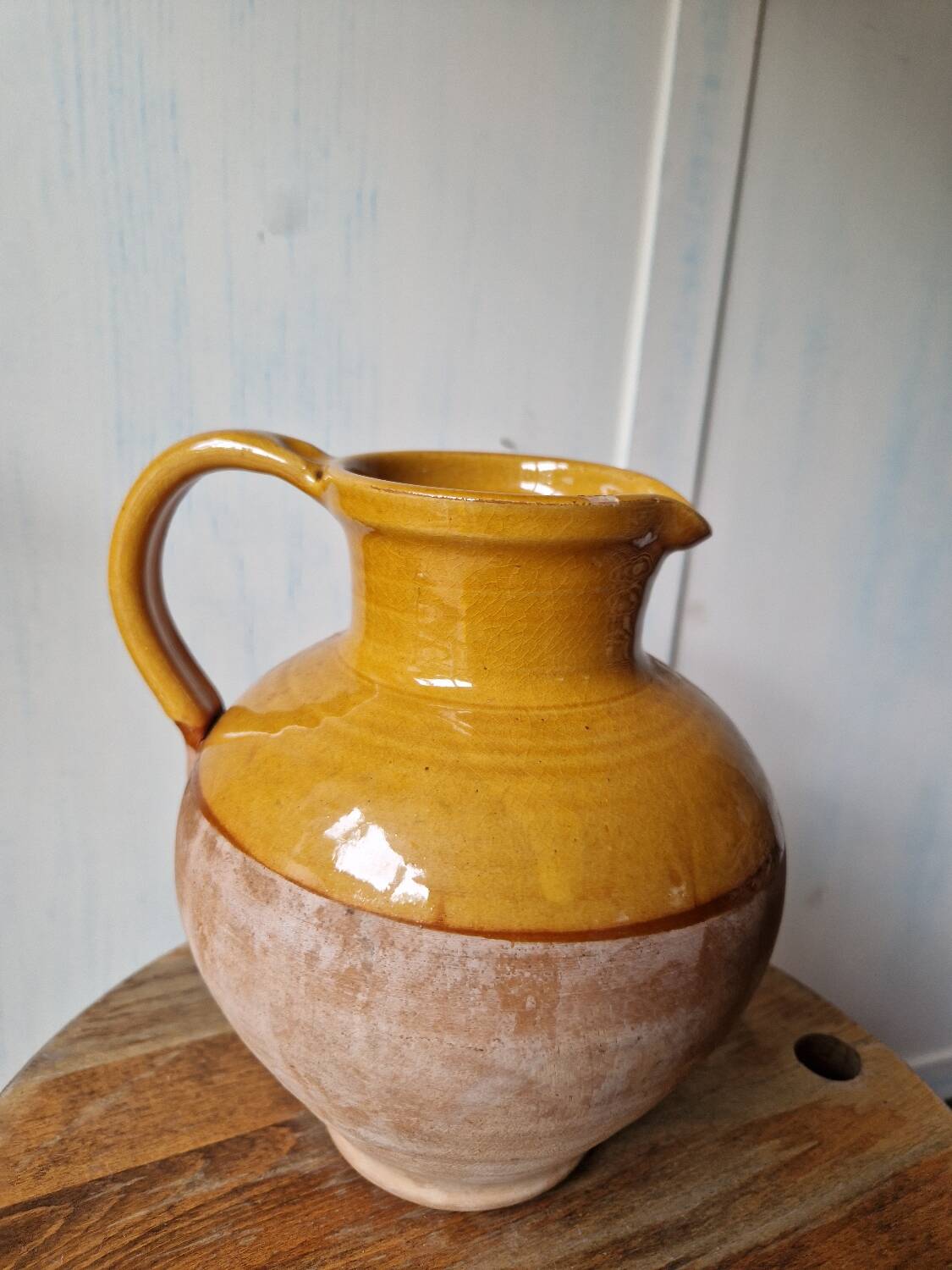 Antique glazed terracotta pitcher, brown semi-glazed jug, vase
