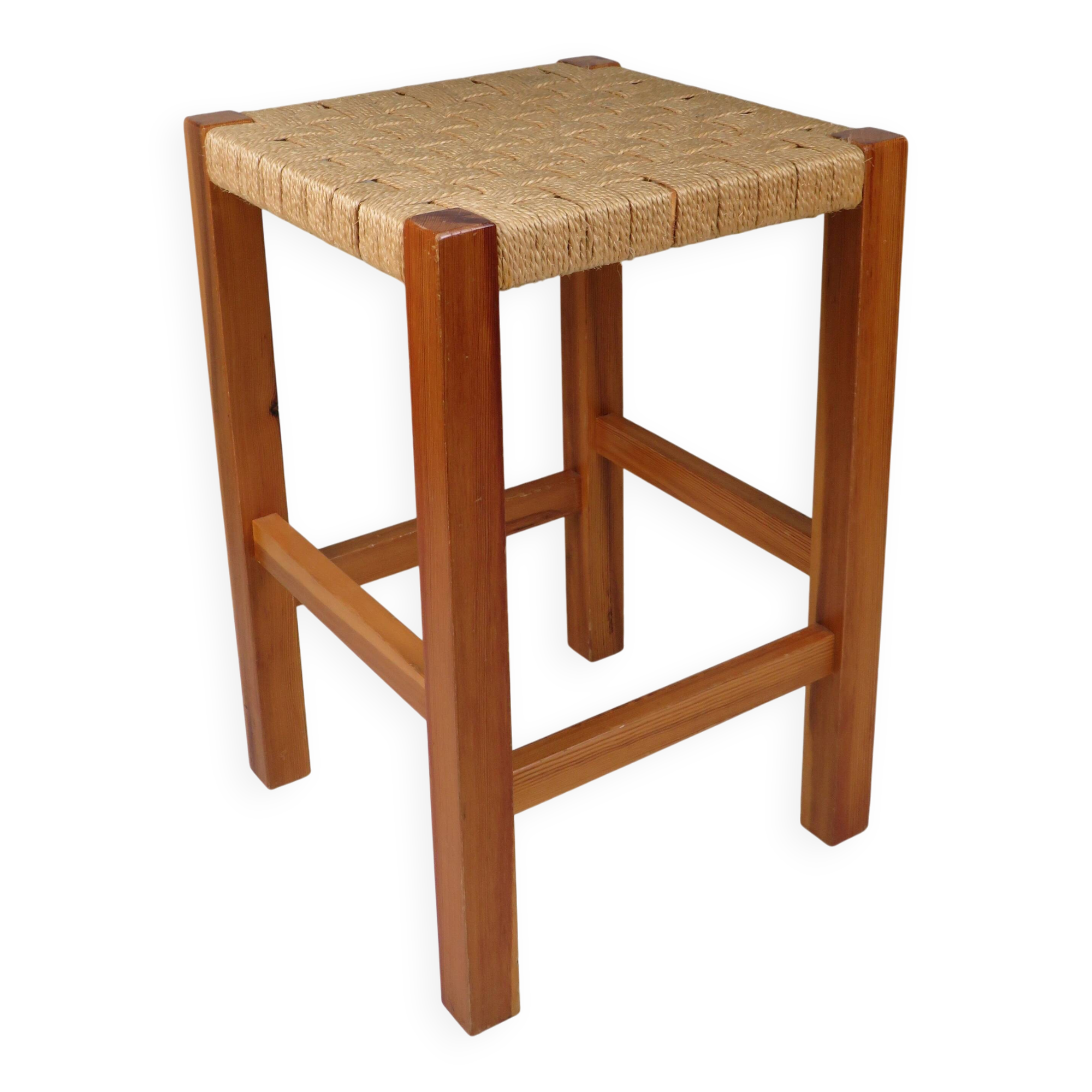 Vintage wooden stool with woven seat – 1960s/70s