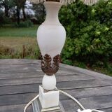 Lampe de salon rétro 1950 albâtre / laiton abat jour soie ecru