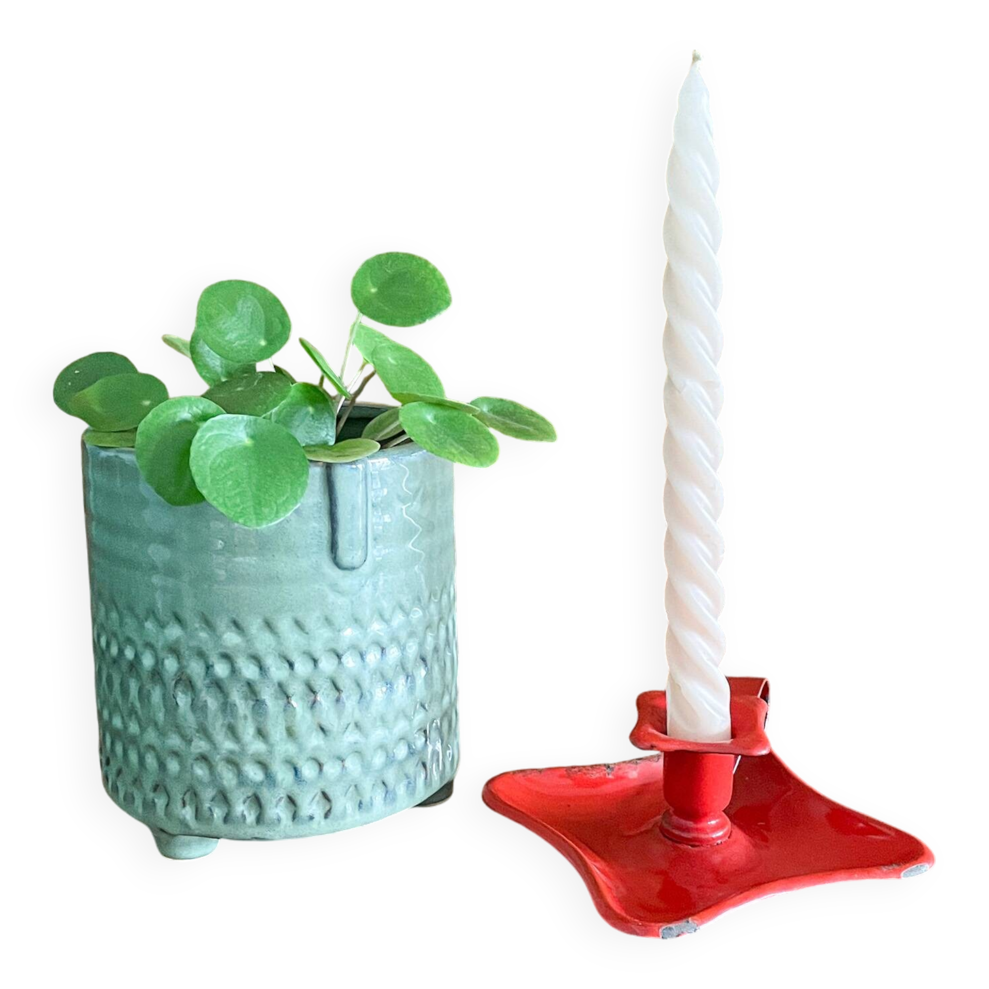 Red enamelled sheet metal candle holder