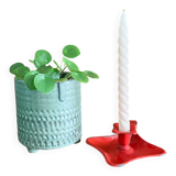 Red enamelled sheet metal candle holder