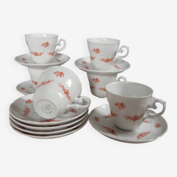 6 tasses & sous-tasses porcelaine baviere blanche fleurie, Seltmann Weiden 1950