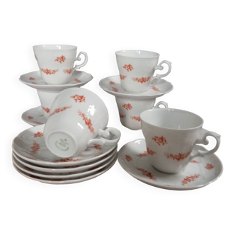 6 flowery white Bavarian porcelain cups & saucers, Seltmann Weiden 1950