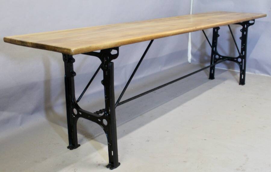Grande Console Industrielle Plateau Noyer Piètement Fonte