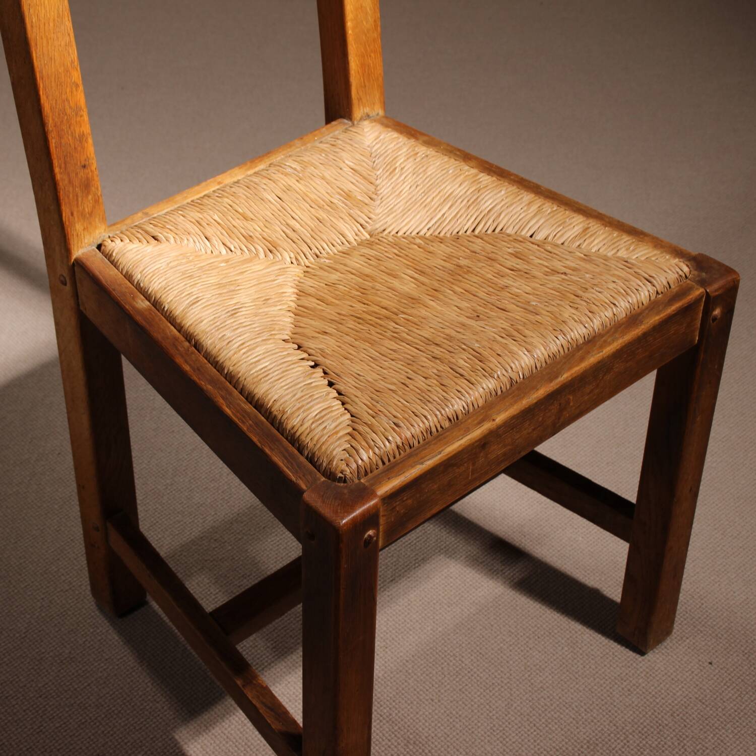 Brutalist Pair of Oak & Rush Chairs | Europe 1960s