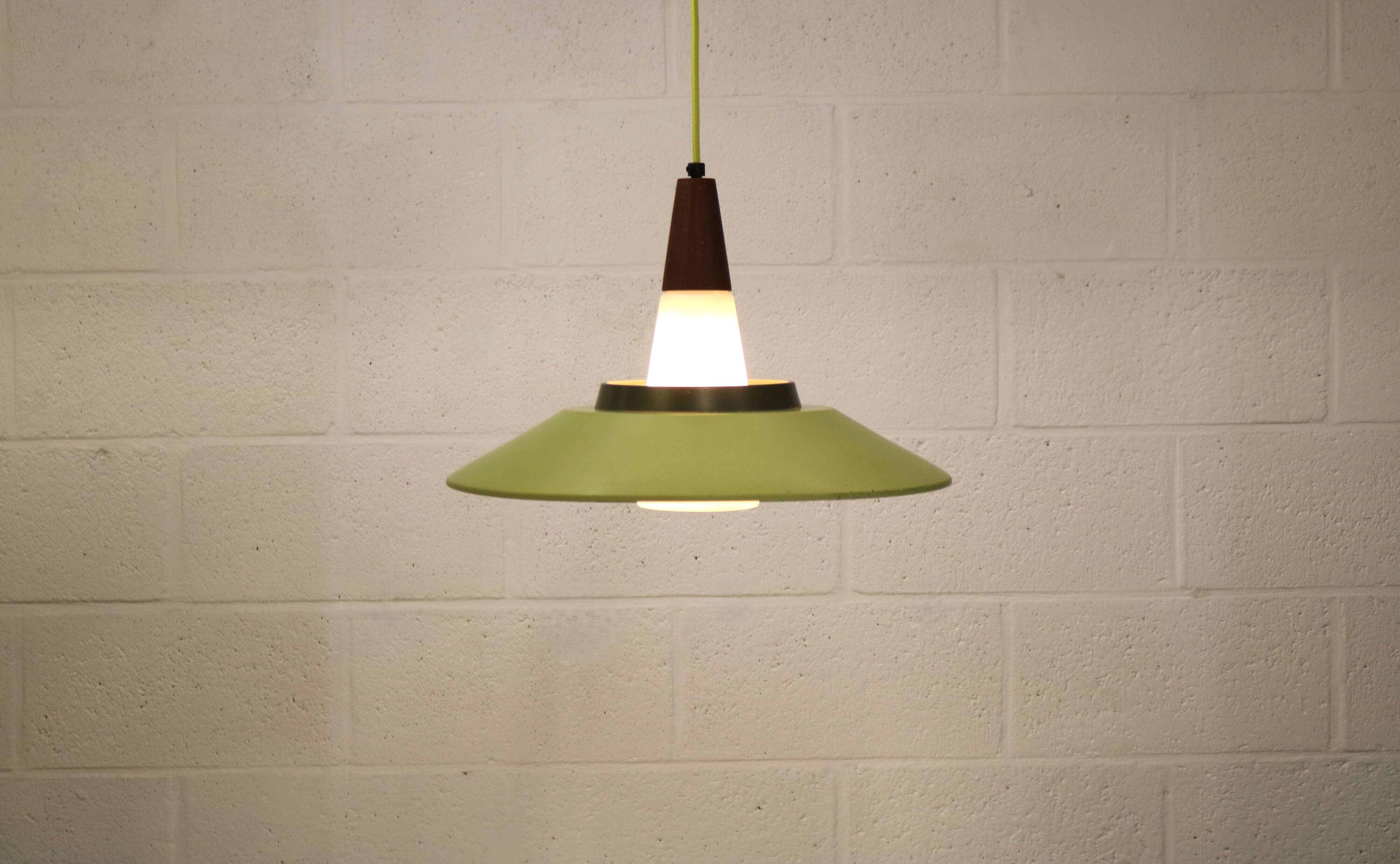 Opal glass and green aluminium shade vintage lamp by Voss Belysning - Denmark