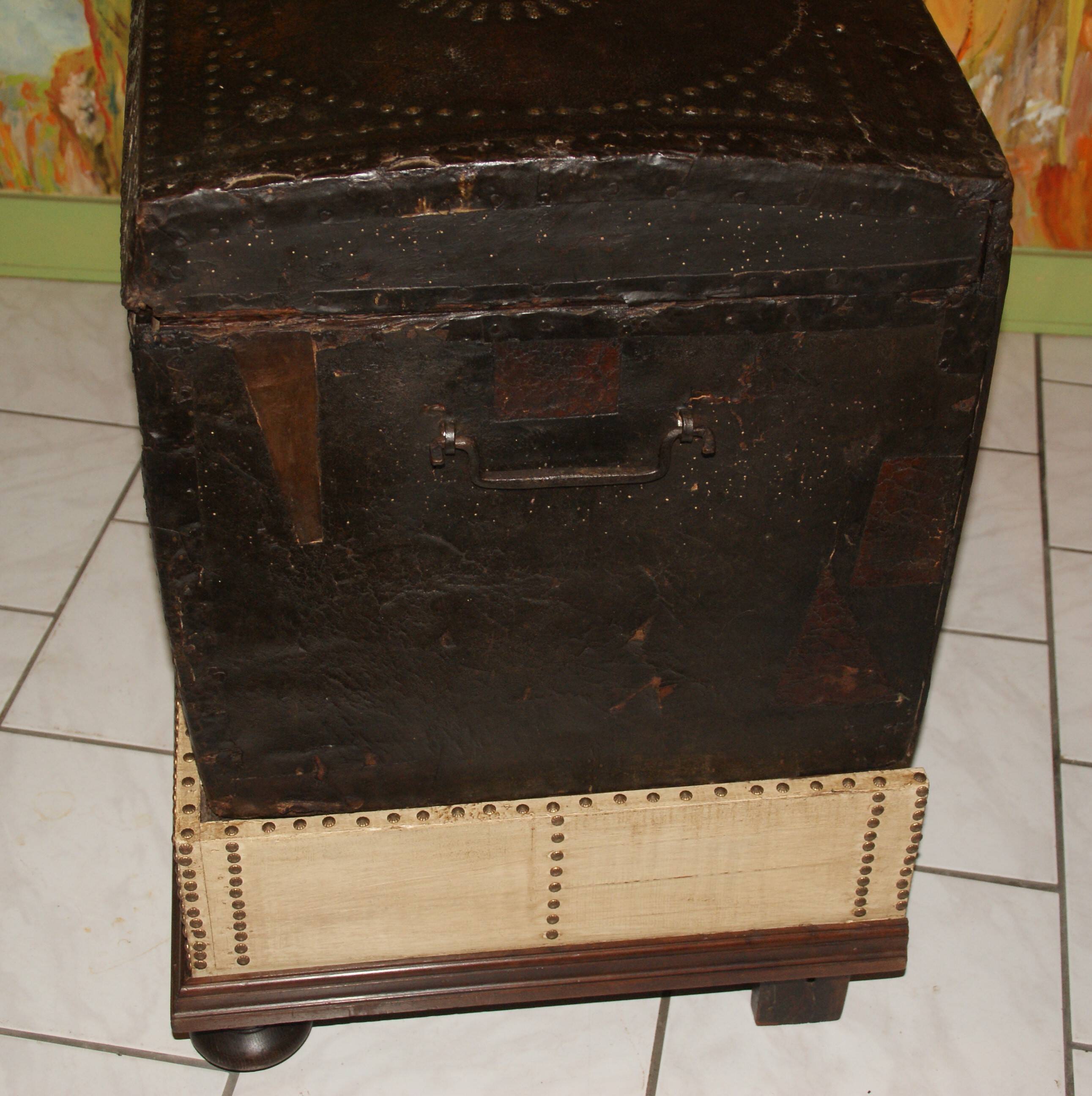17th century studded leather travel trunk, richly decorated
