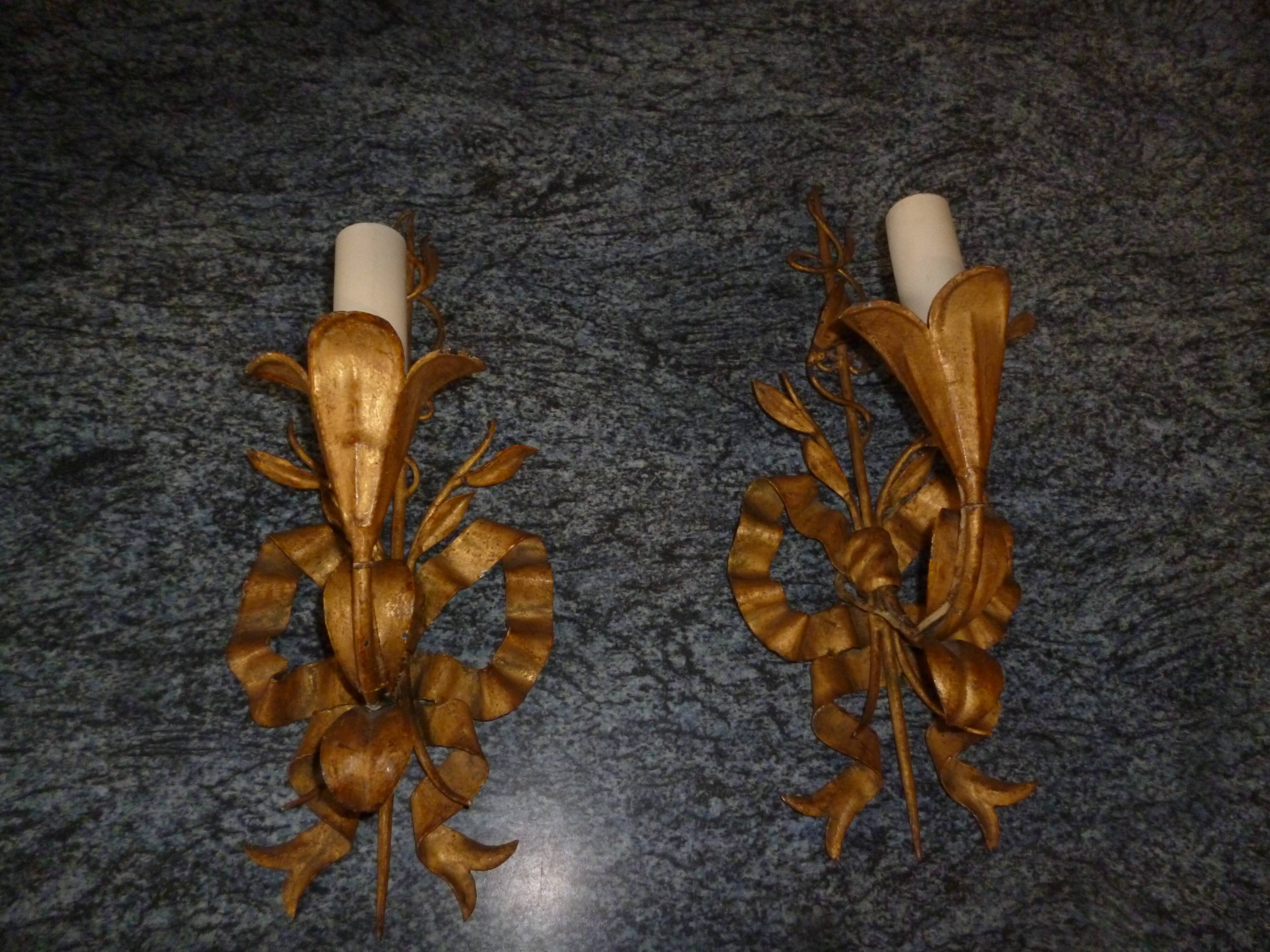 Pair of wall lamps gold patinated vintage metal