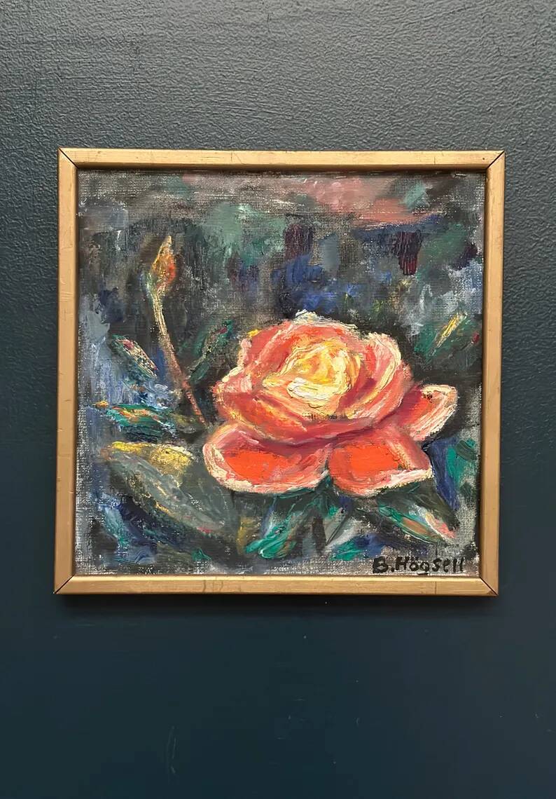 Original Swedish Oil on Canvas – “Yellow Rose” by B. Högsk – Signed – Vintage & Framed – 33 × 33 cm (13" × 13")
