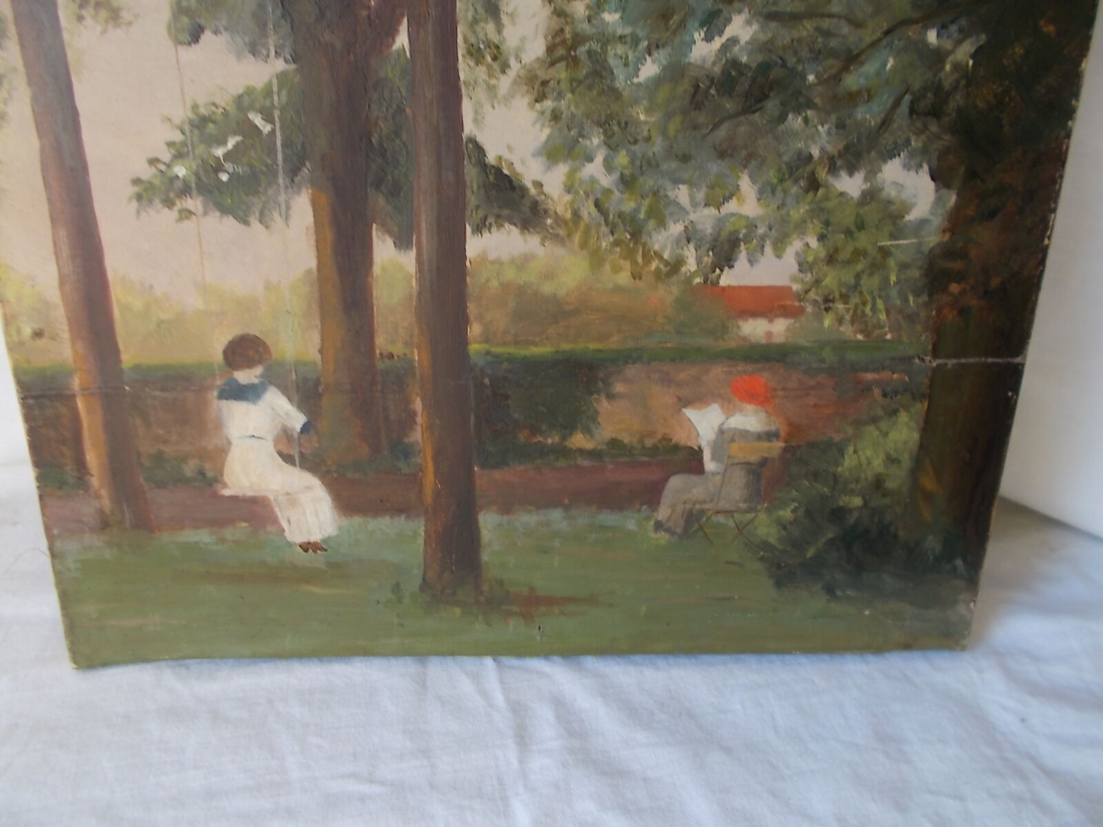 Painting oil on ancient canvas from 1913 "lady on a swing"