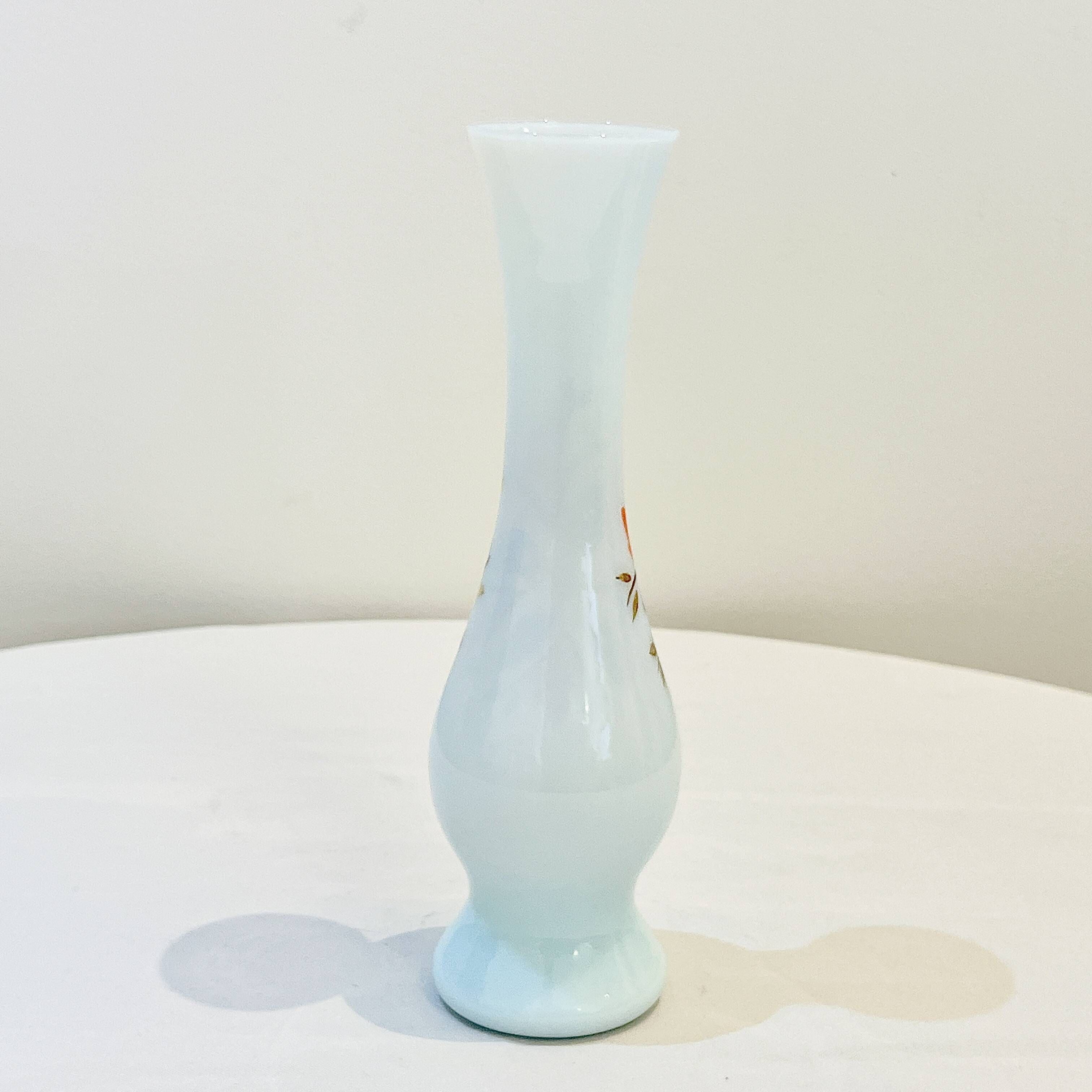 Opaline glass vase with white and blue opaline glass and orange flower pattern, vintage 60s