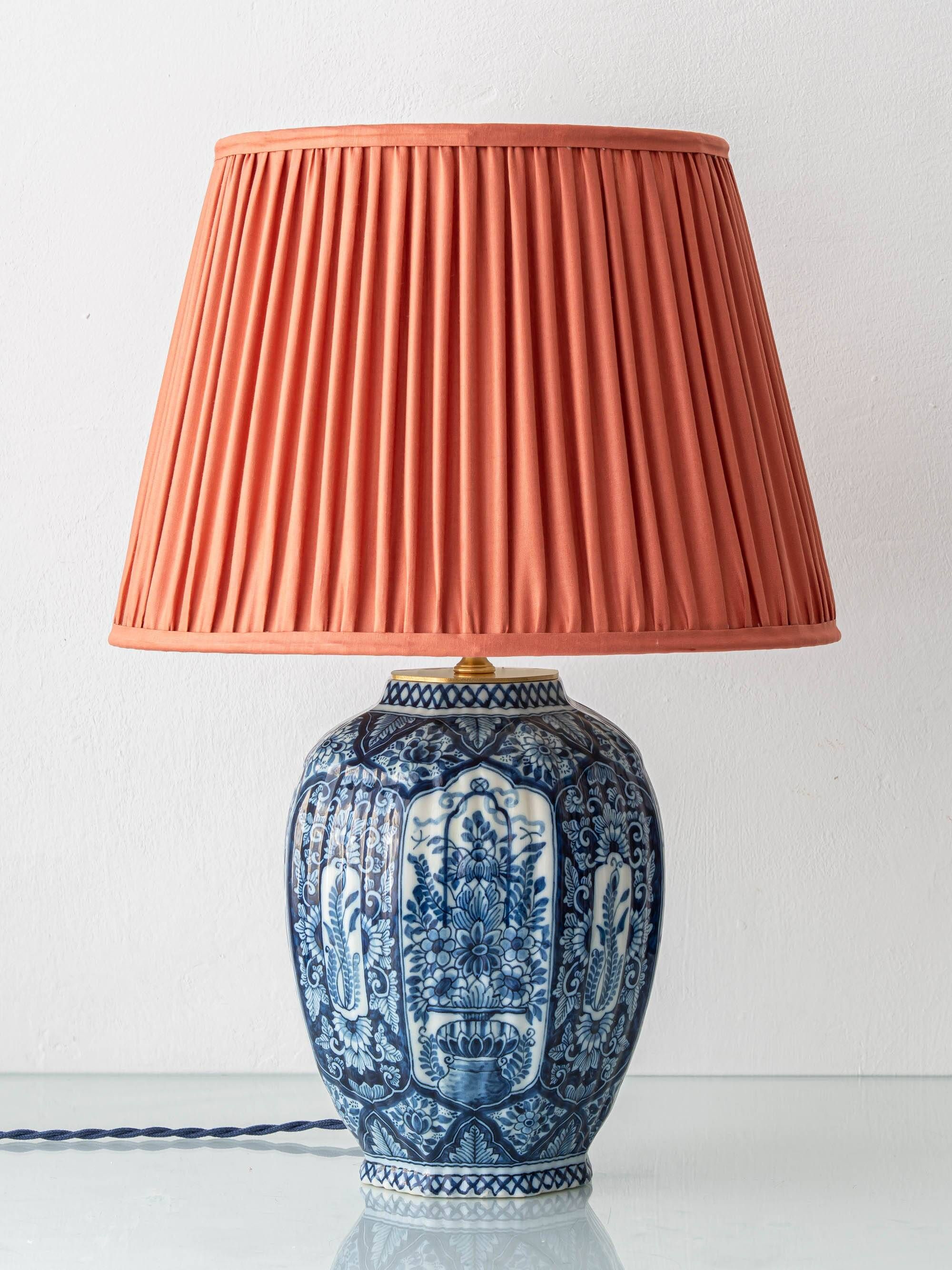 Dutch Chinoiserie Table Lamp, Blue and White Delft, by Makkum, with a New Coral Silk Shade